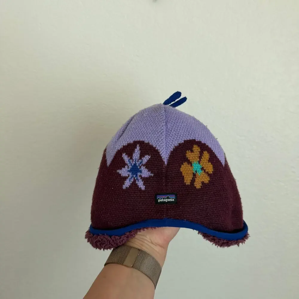 Patagonia Baby Reversible Beanie Fleece Sweater Knit Floral Purple Blue 12M